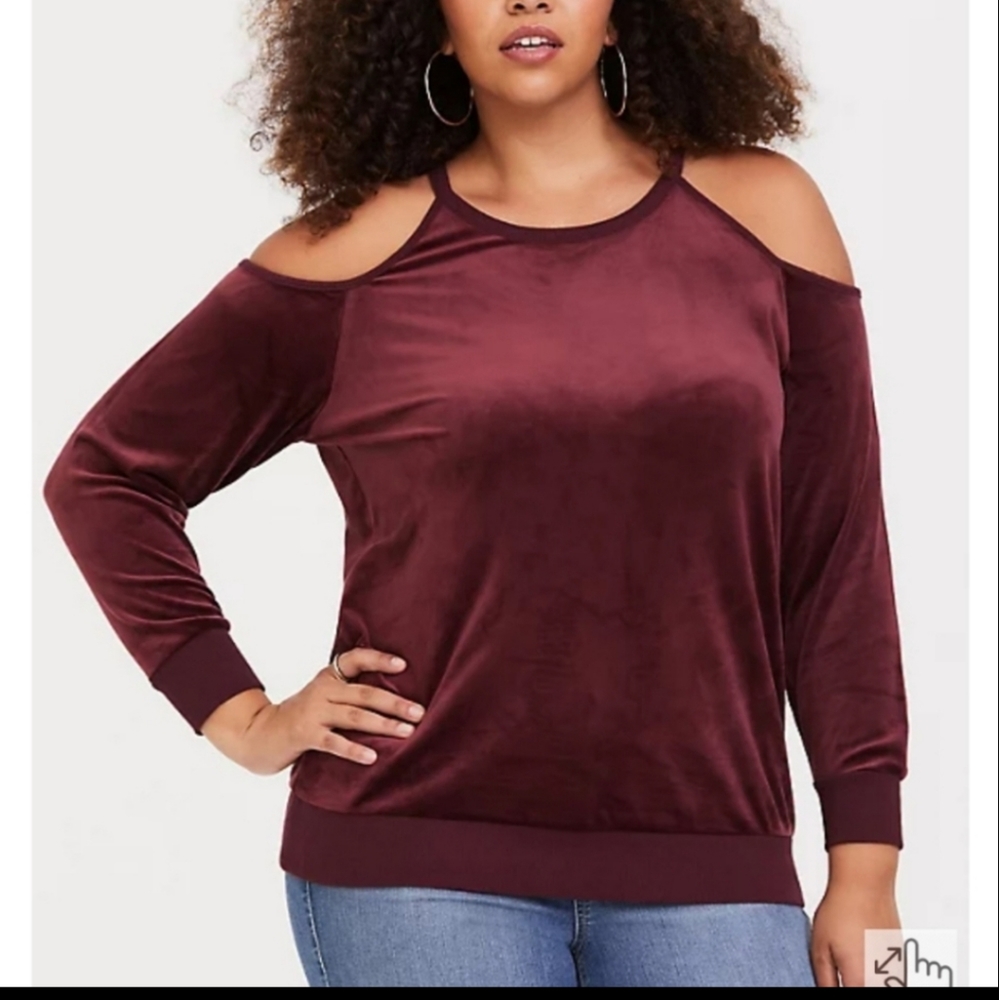 Burgundy Torrid cold shoulder velour sweatshirt
